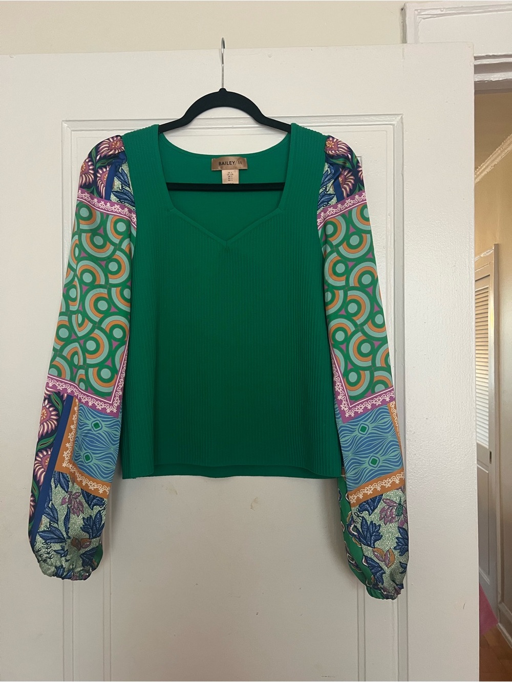 Bailey 44 Emerald Green Ribbed Top with Patterned Balloon Sleeves